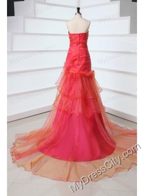 A-line Coral Red Sweetheart Ruching and Beading Court Train  Prom Dress