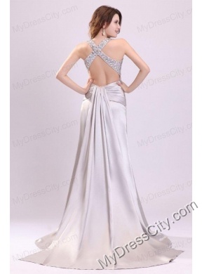 A-line Gray Straps Beading and Ruching Brush Train Prom Dress