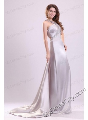 A-line Gray Straps Beading and Ruching Brush Train Prom Dress