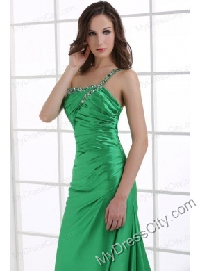 A-line Green One Shoulder Beading and Ruche Sweep Train Prom Dress