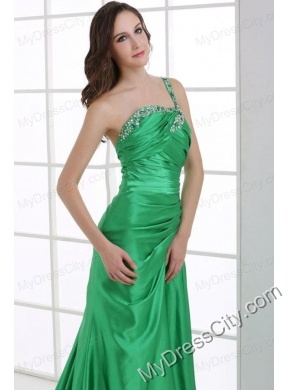 A-line Green One Shoulder Beading and Ruche Sweep Train Prom Dress