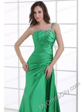 A-line Green One Shoulder Beading and Ruche Sweep Train Prom Dress