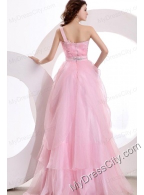 A-line One Shoulder 2014 Organza Pretty Floor-length Beading Prom Dress