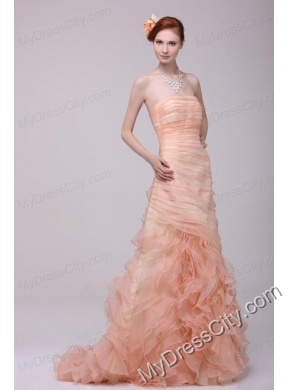 A-line Strapless Floor-length Peach Zipper Up Organza Prom Dress with Ruching