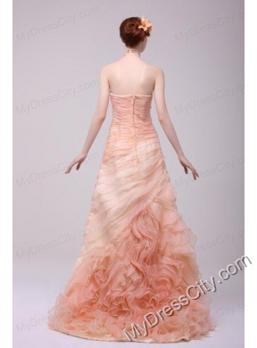 A-line Strapless Floor-length Peach Zipper Up Organza Prom Dress with Ruching