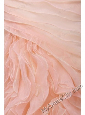 A-line Strapless Floor-length Peach Zipper Up Organza Prom Dress with Ruching