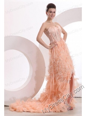 A-line Sweetheart Peach High-low Ruffles Organza Prom Dress with Lace Up