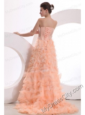 A-line Sweetheart Peach High-low Ruffles Organza Prom Dress with Lace Up