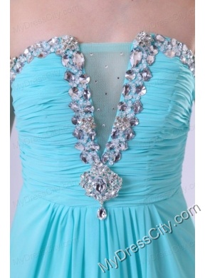 Aqua Blue Chiffon Strapless Empire Prom Dress with Beading