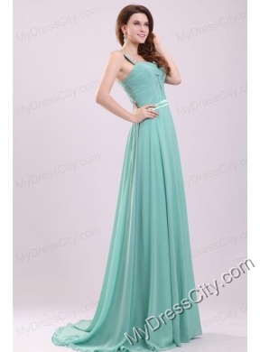 Aqua Blue Empire Straps Beading Green Chiffon Prom Dress with Brush Train