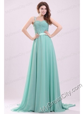 Aqua Blue Empire Straps Beading Green Chiffon Prom Dress with Brush Train