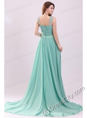 Aqua Blue Empire Straps Beading Green Chiffon Prom Dress with Brush Train