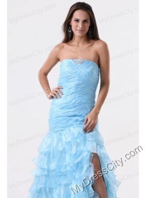 Aqua Blue Mermaid Strapless Prom Dress with Beading and Layers