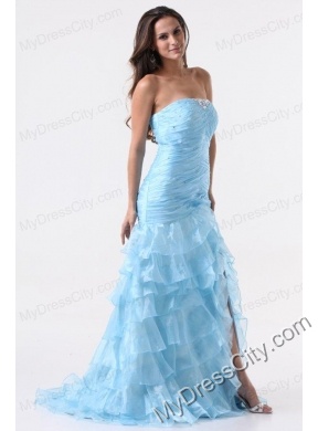 Aqua Blue Mermaid Strapless Prom Dress with Beading and Layers