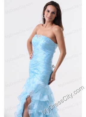 Aqua Blue Mermaid Strapless Prom Dress with Beading and Layers