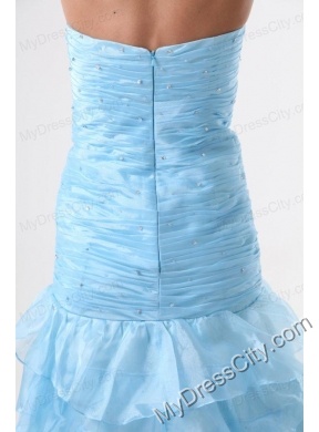 Aqua Blue Mermaid Strapless Prom Dress with Beading and Layers