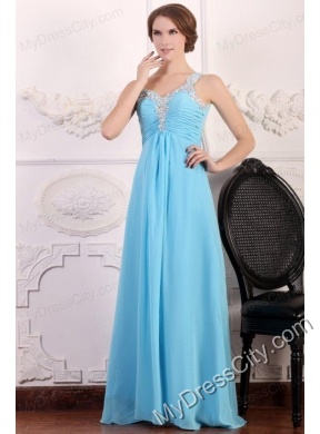 Aqua Blue One Shoulder Empire Chiffon Beaded Decorate Prom Dress