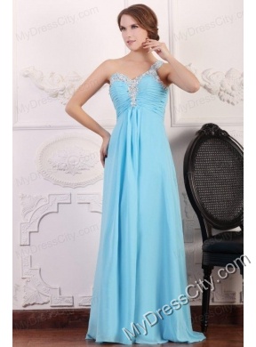 Aqua Blue One Shoulder Empire Chiffon Beaded Decorate Prom Dress