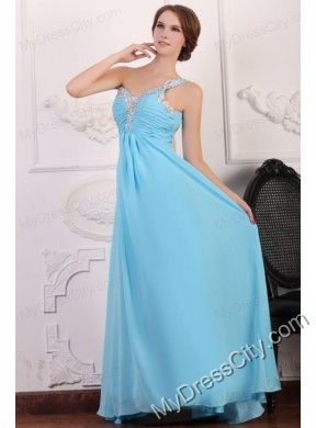 Aqua Blue One Shoulder Empire Chiffon Beaded Decorate Prom Dress