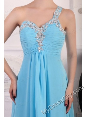 Aqua Blue One Shoulder Empire Chiffon Beaded Decorate Prom Dress