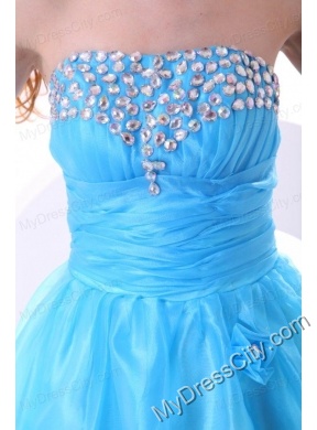 Aqua Blue Prom Dress with Strapless Beaded and Flowers