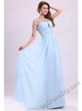 Baby Blue Empire Beading Scoop Floor-length Chiffon Prom Dress with Side Zipper