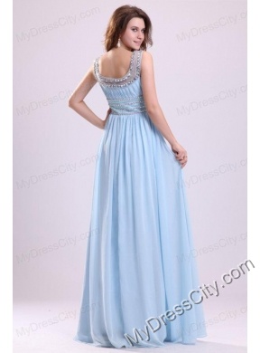 Baby Blue Empire Beading Scoop Floor-length Chiffon Prom Dress with Side Zipper