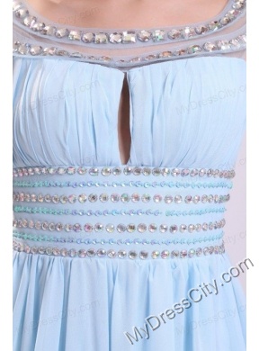 Baby Blue Empire Beading Scoop Floor-length Chiffon Prom Dress with Side Zipper