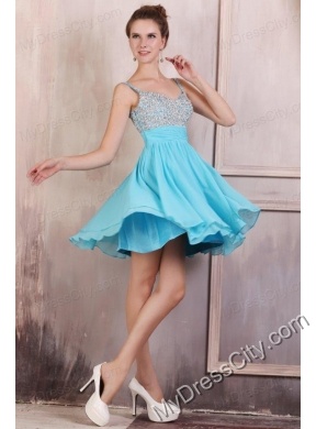 Beaded Decorate Brust Straps Chiffon Knee-length Aqua Blue Prom Dress