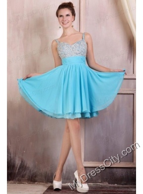 Beaded Decorate Brust Straps Chiffon Knee-length Aqua Blue Prom Dress