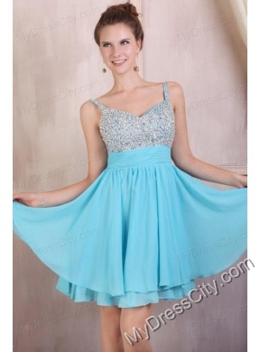 Beaded Decorate Brust Straps Chiffon Knee-length Aqua Blue Prom Dress