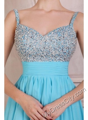 Beaded Decorate Brust Straps Chiffon Knee-length Aqua Blue Prom Dress