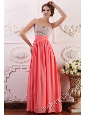 Beaded Decorate Brust Straps Empire Chiffon Watermelon Prom Dress