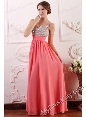 Beaded Decorate Brust Straps Empire Chiffon Watermelon Prom Dress