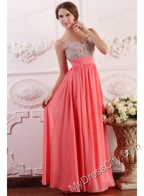 Beaded Decorate Brust Straps Empire Chiffon Watermelon Prom Dress