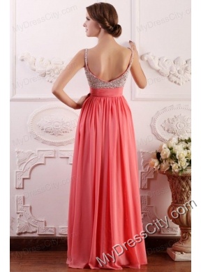 Beaded Decorate Brust Straps Empire Chiffon Watermelon Prom Dress