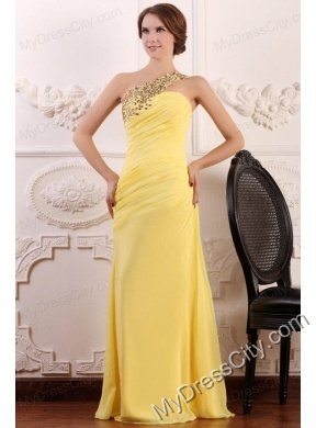 Beaded Decorate One Shoulder Yellow Chiffon Column Prom Dress