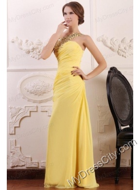 Beaded Decorate One Shoulder Yellow Chiffon Column Prom Dress