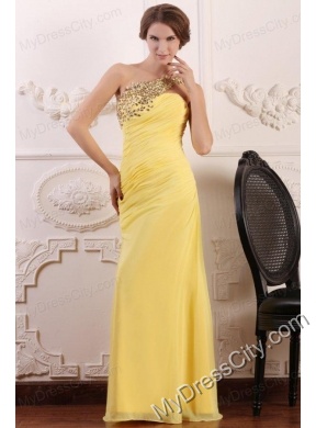 Beaded Decorate One Shoulder Yellow Chiffon Column Prom Dress