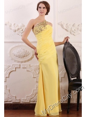 Beaded Decorate One Shoulder Yellow Chiffon Column Prom Dress