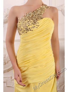 Beaded Decorate One Shoulder Yellow Chiffon Column Prom Dress