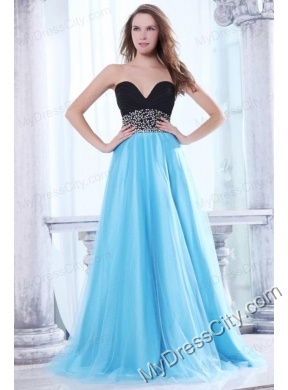 Beaded Decorate Waist Sweetheart Black and Aqua Blue Prom Dress