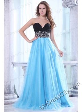 Beaded Decorate Waist Sweetheart Black and Aqua Blue Prom Dress