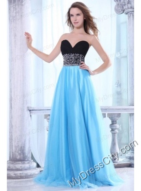 Beaded Decorate Waist Sweetheart Black and Aqua Blue Prom Dress