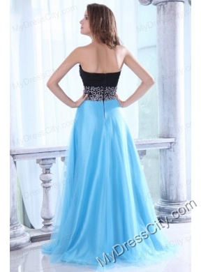 Beaded Decorate Waist Sweetheart Black and Aqua Blue Prom Dress