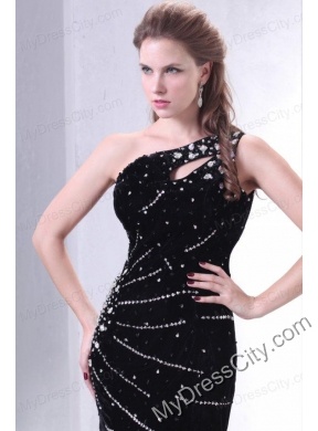 Beading and Rhinestone One Shoulder Black Column Prom Dress