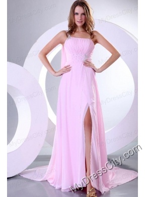 Beading and Ruche One Shoulder Baby Pink Watteau Train Prom Dress