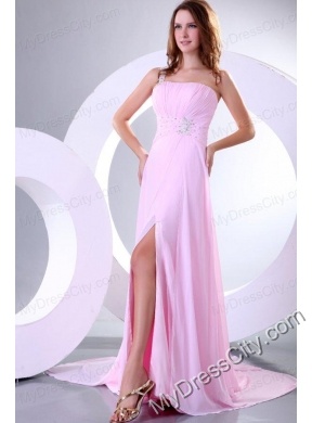 Beading and Ruche One Shoulder Baby Pink Watteau Train Prom Dress