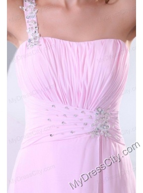 Beading and Ruche One Shoulder Baby Pink Watteau Train Prom Dress