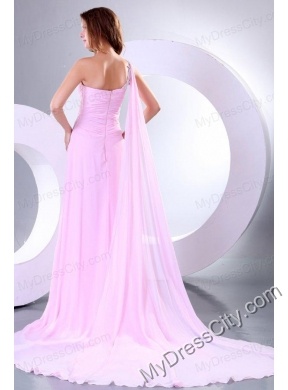 Beading and Ruche One Shoulder Baby Pink Watteau Train Prom Dress